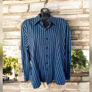 MOTO Men's Black & Blue Striped Button Down Long Sleeve Shirt